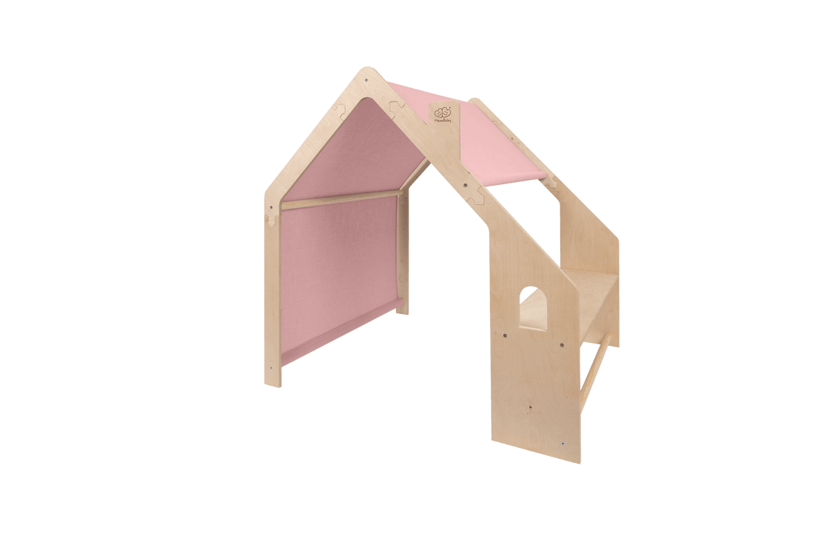 MeowBaby® Casita de Madera Natural para Niños - Techo Rosa - ZuriBoo