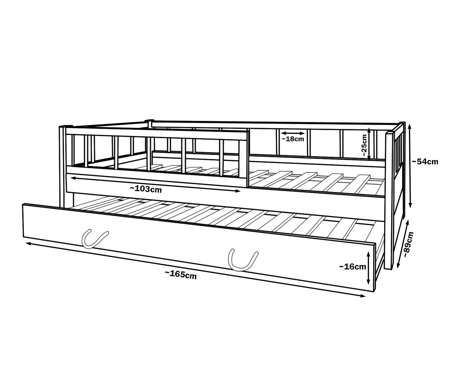 Cama infantil de madera con barandilla y espacio adicional para dormir 160x80cm