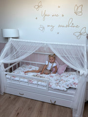 Cama casita infantil escandinava 160x80cm + barandillas y cajón