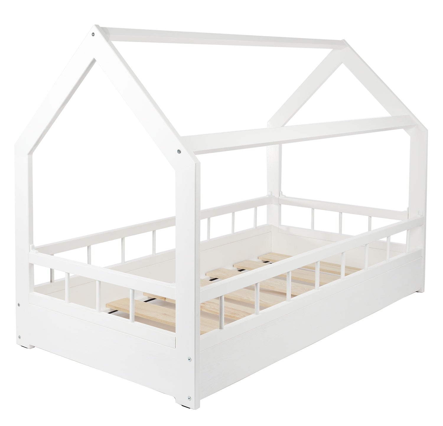 Cama escandinava para niño con forma de casita, 160x80cm + barandillas