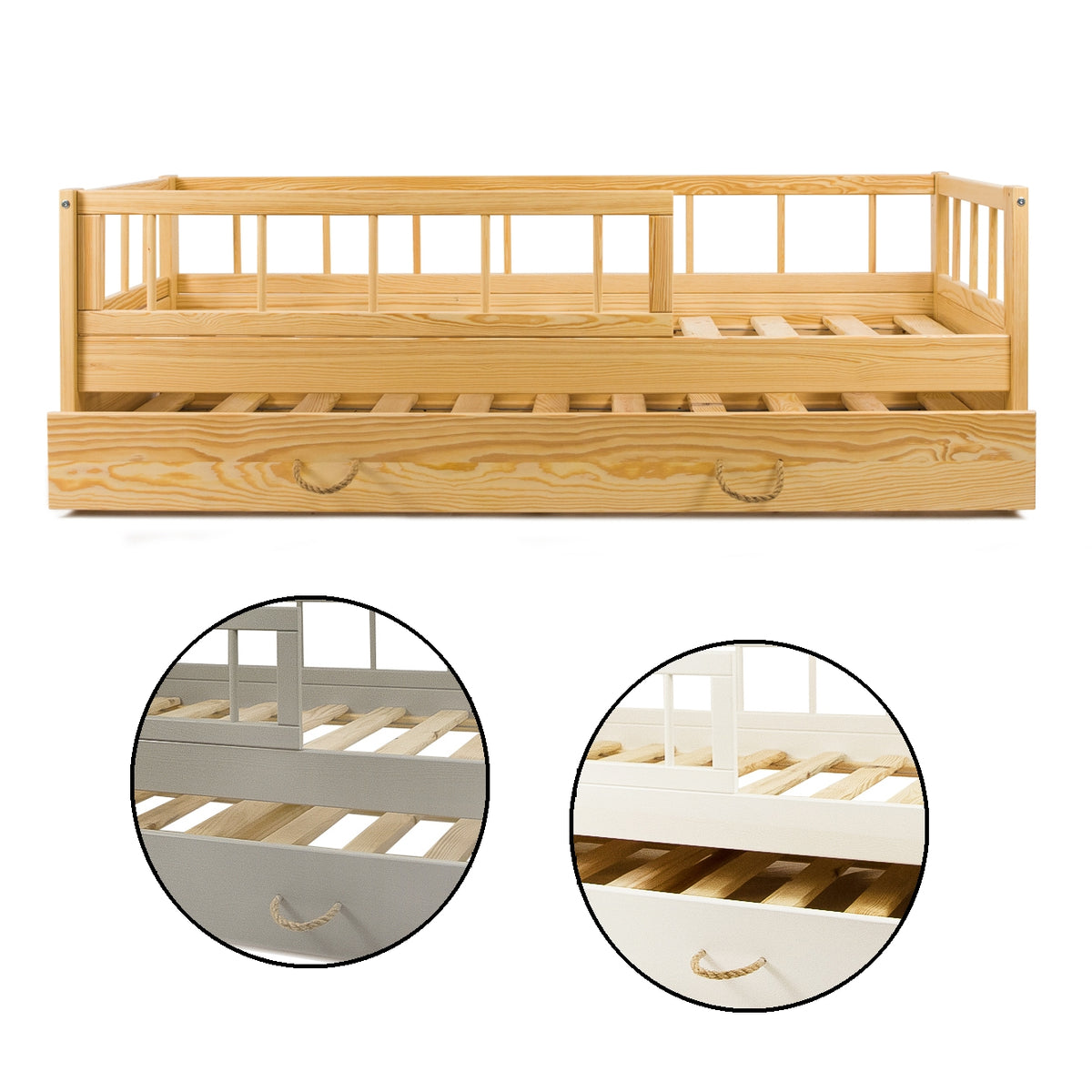 Cama infantil de madera con barandilla y espacio adicional para dormir 160x80cm