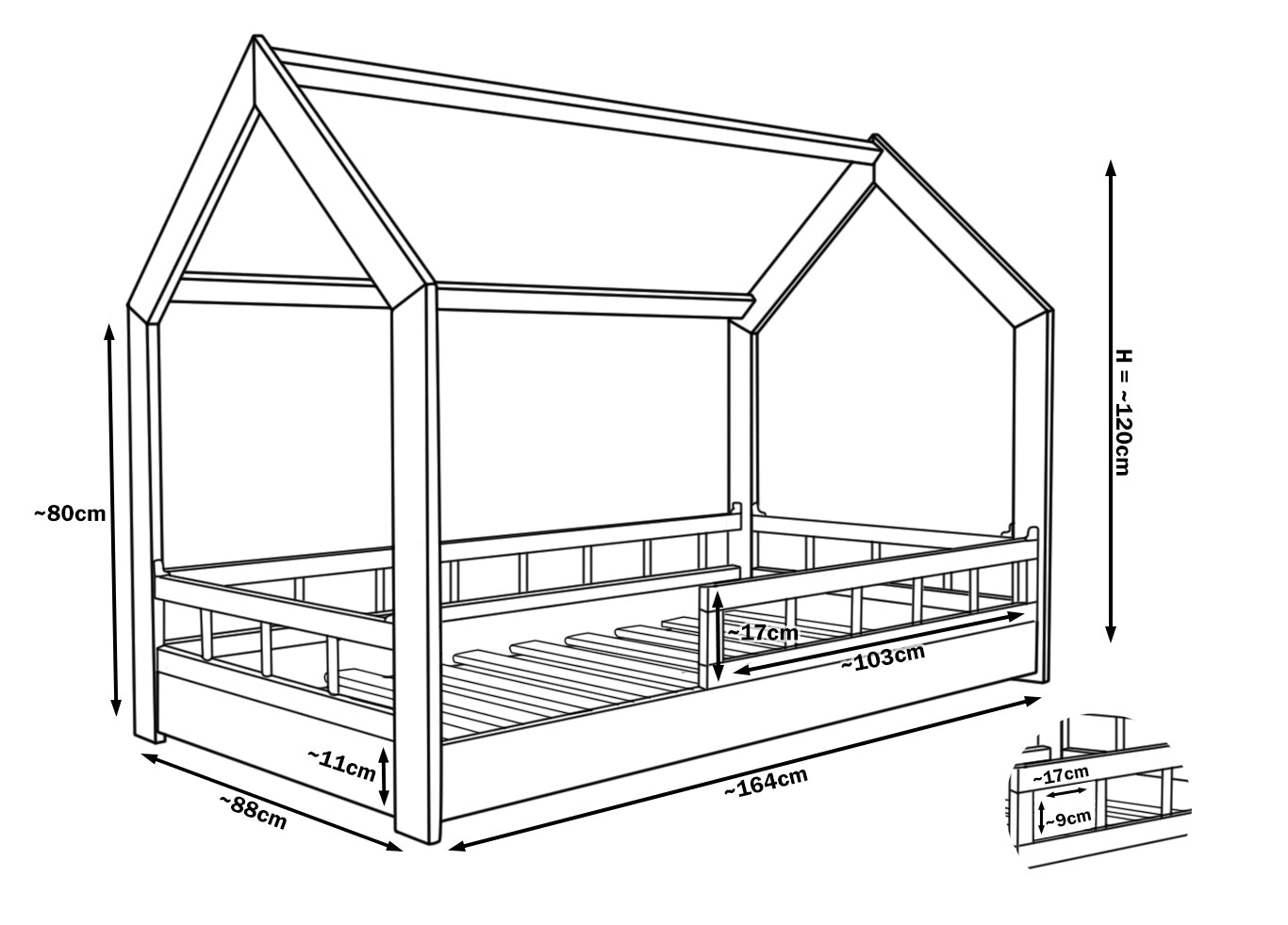 Cama infantil de madera en bruto con forma de casita con barandilla y entrada 160x80cm