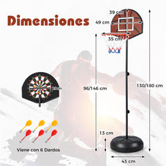 Aro de Baloncesto para Niños con Tablero de Dardos Sistema de Baloncesto 2 en 1 con Tablero de Doble Cara y 6 Dardos Altura Ajustable
