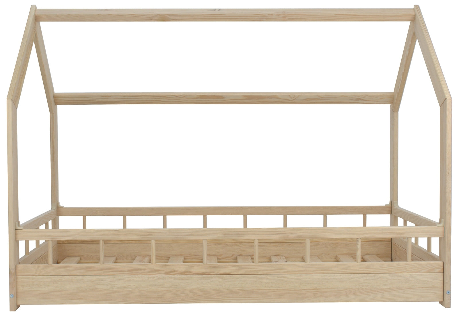 Cama infantil natural de madera en bruto con forma de casita con barandillas 160x80cm