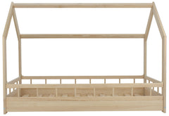 Cama infantil natural de madera en bruto con forma de casita con barandillas 160x80cm