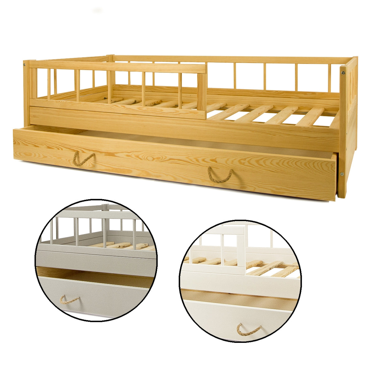 Cama infantil de madera con barandilla y cajón.