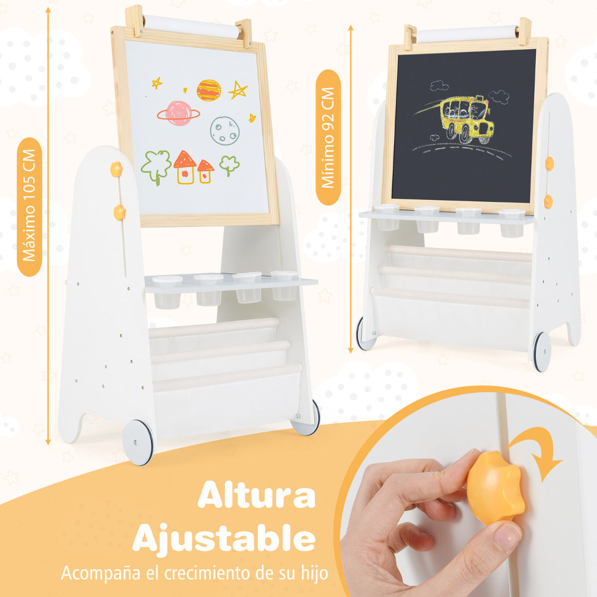 Caballete Artístico para Niños con Taburete Juego de Mesa de Actividades 4 en 1 con Pizarra Magnética Pizarra Negra Estantes Rollo de Papel