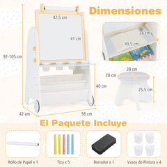 Caballete Artístico para Niños con Taburete Juego de Mesa de Actividades 4 en 1 con Pizarra Magnética Pizarra Negra Estantes Rollo de Papel