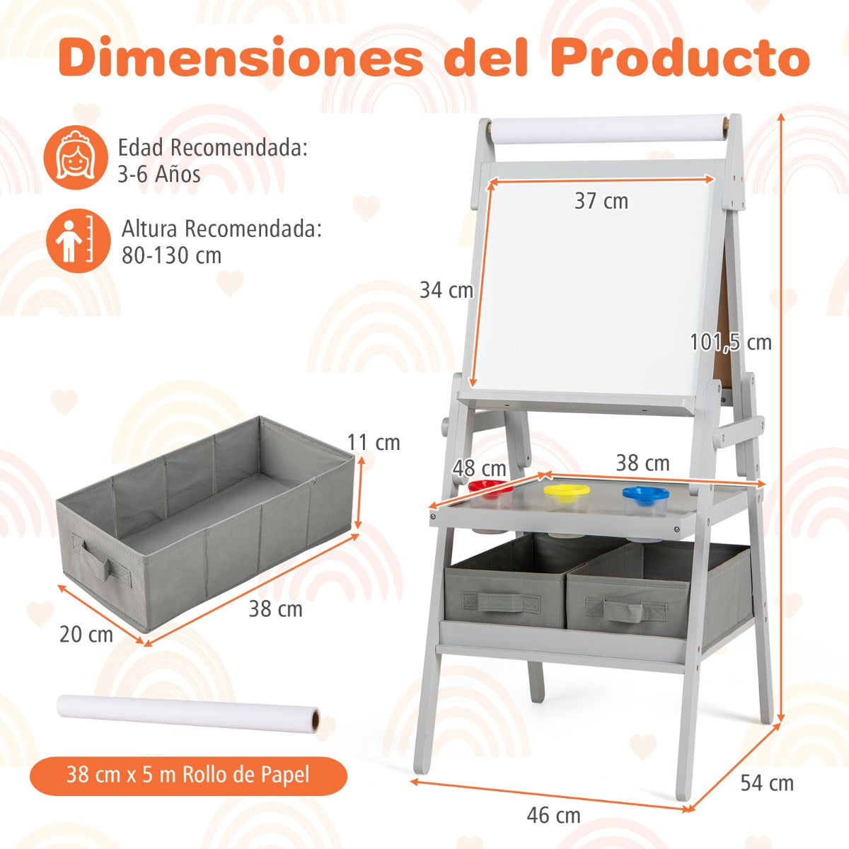 Caballete de Pie de Doble Cara con Pizarra Magnética y Pizarra Blanca Rollo de Papel 3 Vasos y 2 Cubos de Tela -Gris