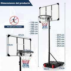 Aro de Baloncesto Portátil Sistema de Altura Ajustable Para Niños y Adultos con Tablero Irrompible Base Rellenable Ruedas de Transporte