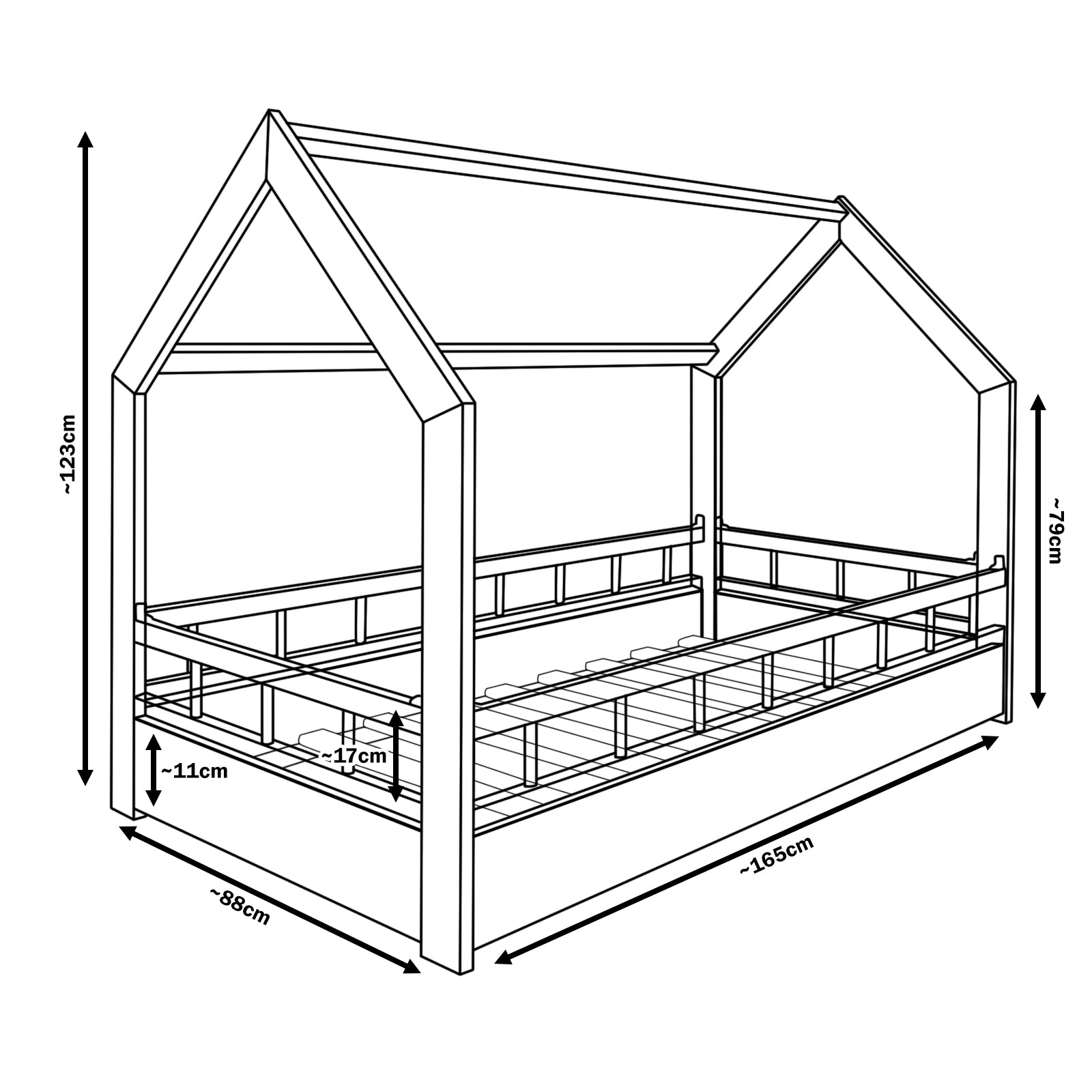 Cama escandinava para niño con forma de casita, 160x80cm + barandillas