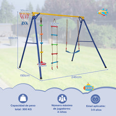 Juego de Columpios 4 en 1 con Aro de Baloncesto Columpio Cinturón Ajustable Escalera para Escalar Disco Cuerda Carga 300 kg Amarillo
