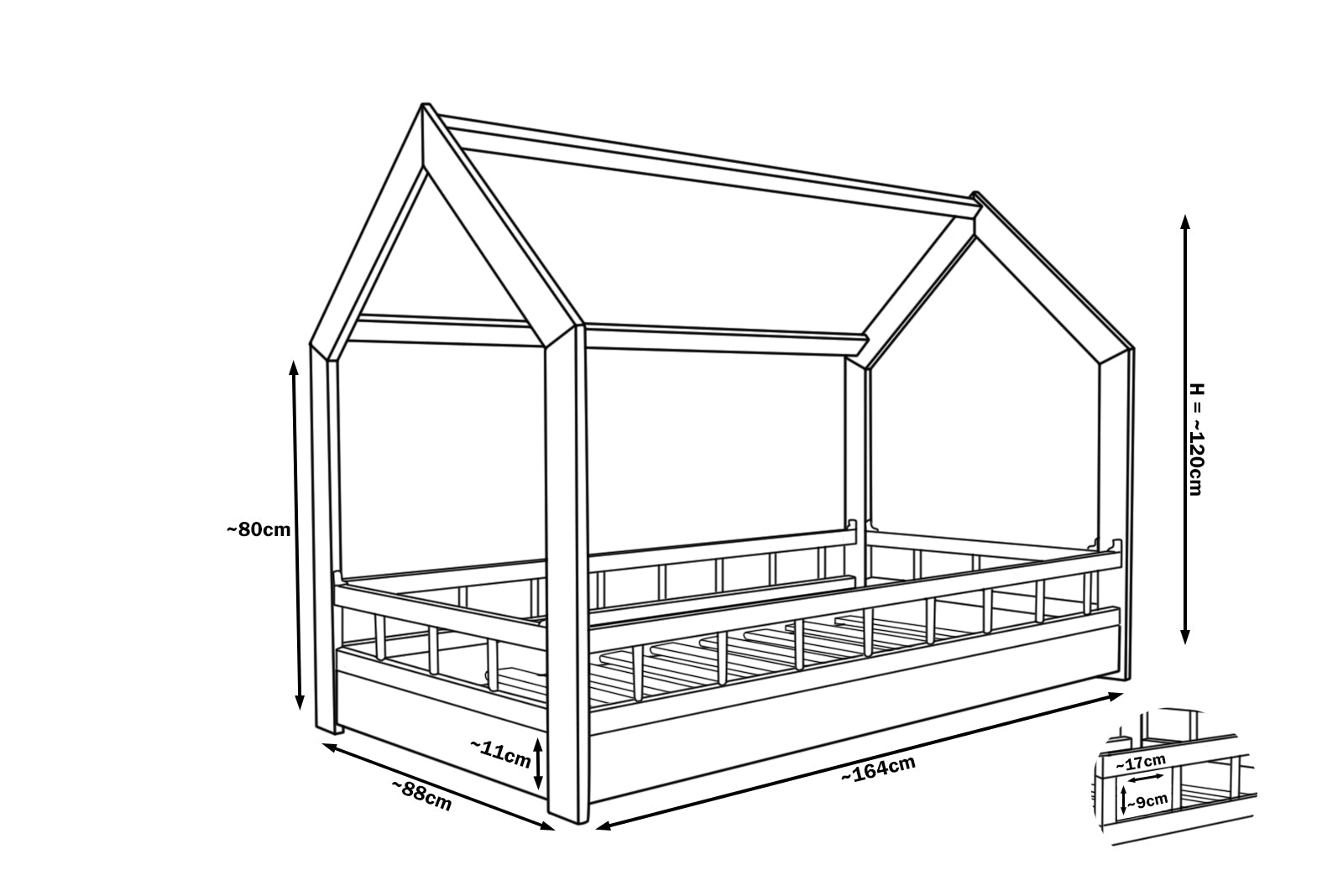 Cama infantil natural de madera en bruto con forma de casita con barandillas 160x80cm