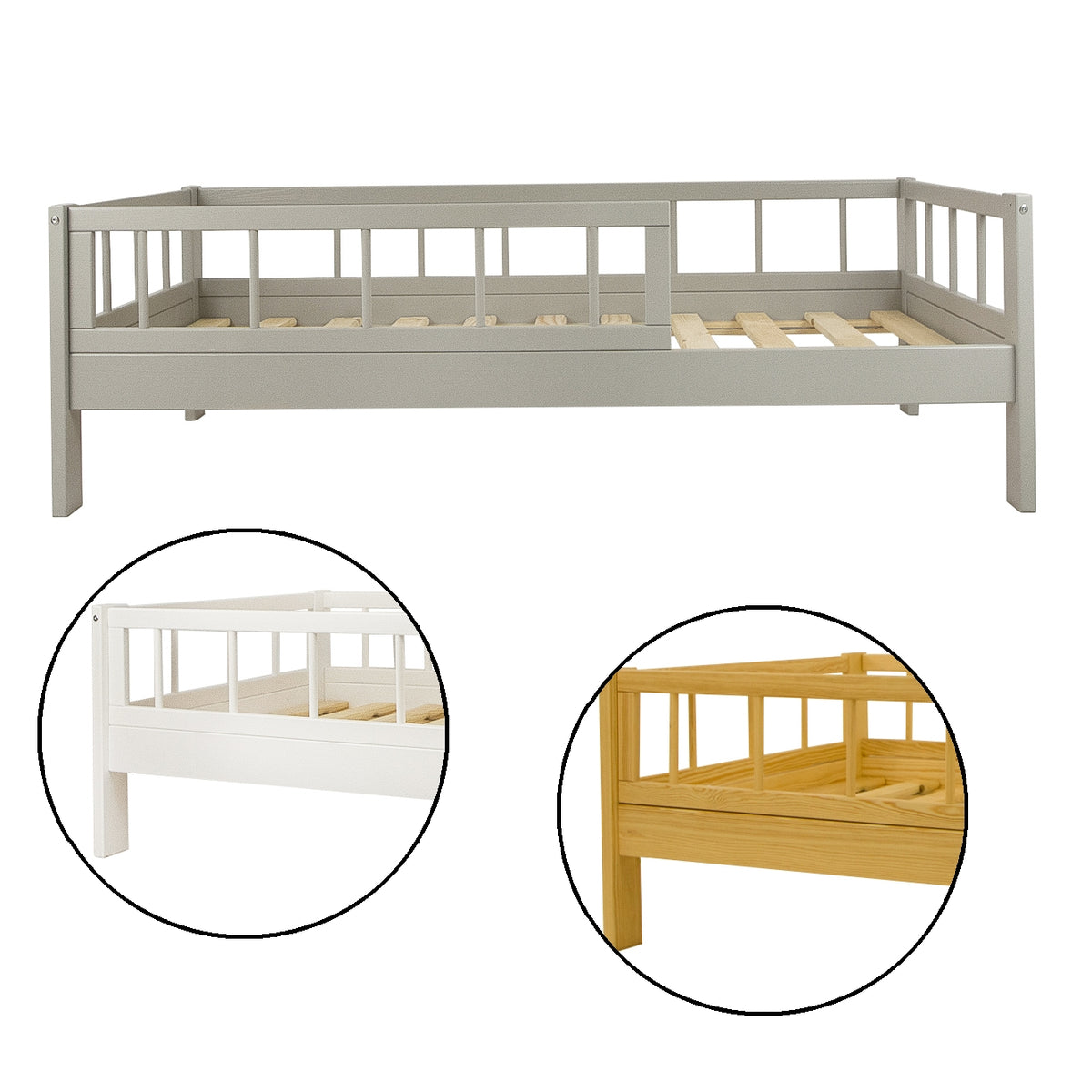 Cama infantil de madera con barandillas.