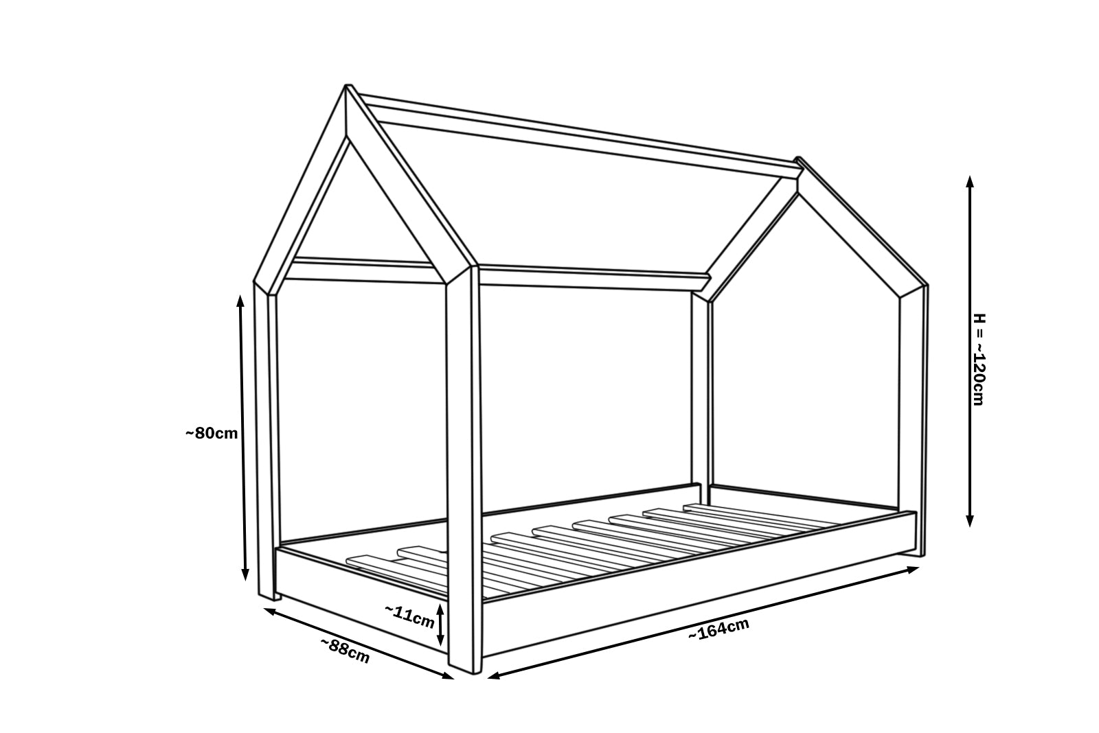 Cama infantil natural de madera en bruto con forma de casita, 160x80cm