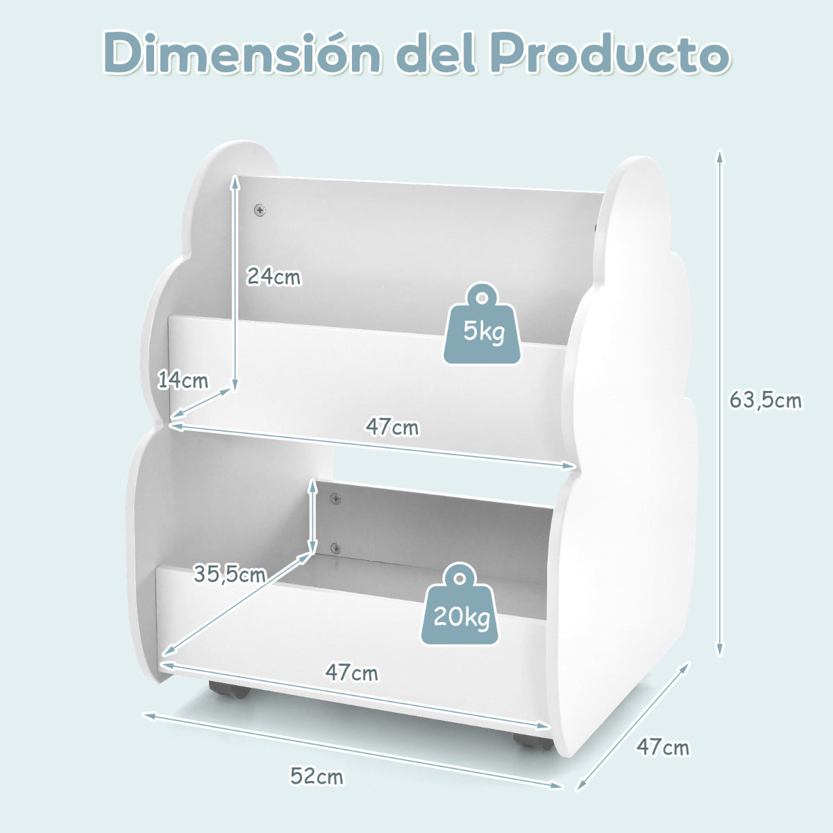 Estantería Infantil Linda con Ruedas de 2 Niveles para Niños con Espacio de Almacenamiento Estante de Libros para Dormitorio Blanco
