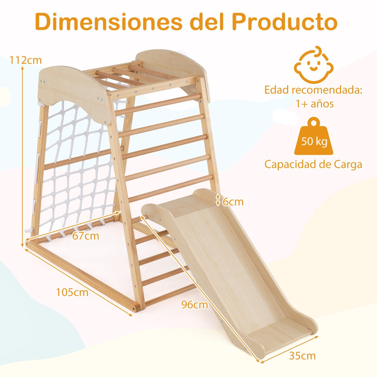 6 en 1 Triángulo de Escalada de Madera para Niños con Rampa De Doble Cara Barras Red para Escalar para 1+ Años-Natural