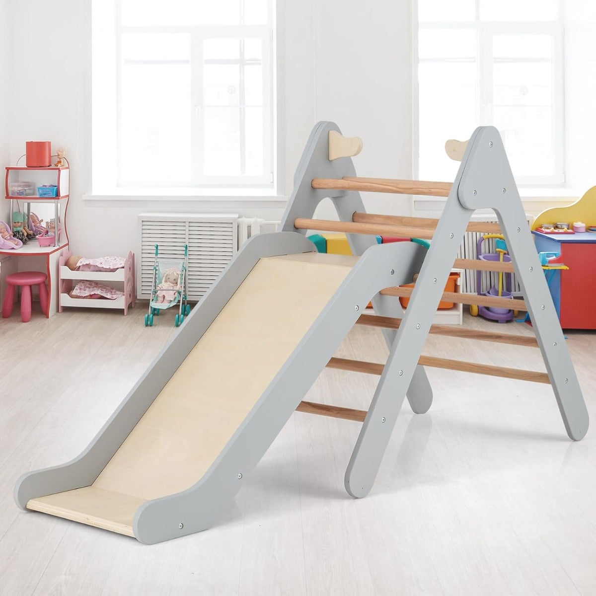 Juego de Escalada Triangular 2 en 1 con Tobogán Ajustable Juguete Escalador de Madera para Interior y Exterior para Niños 1+ Año Gris