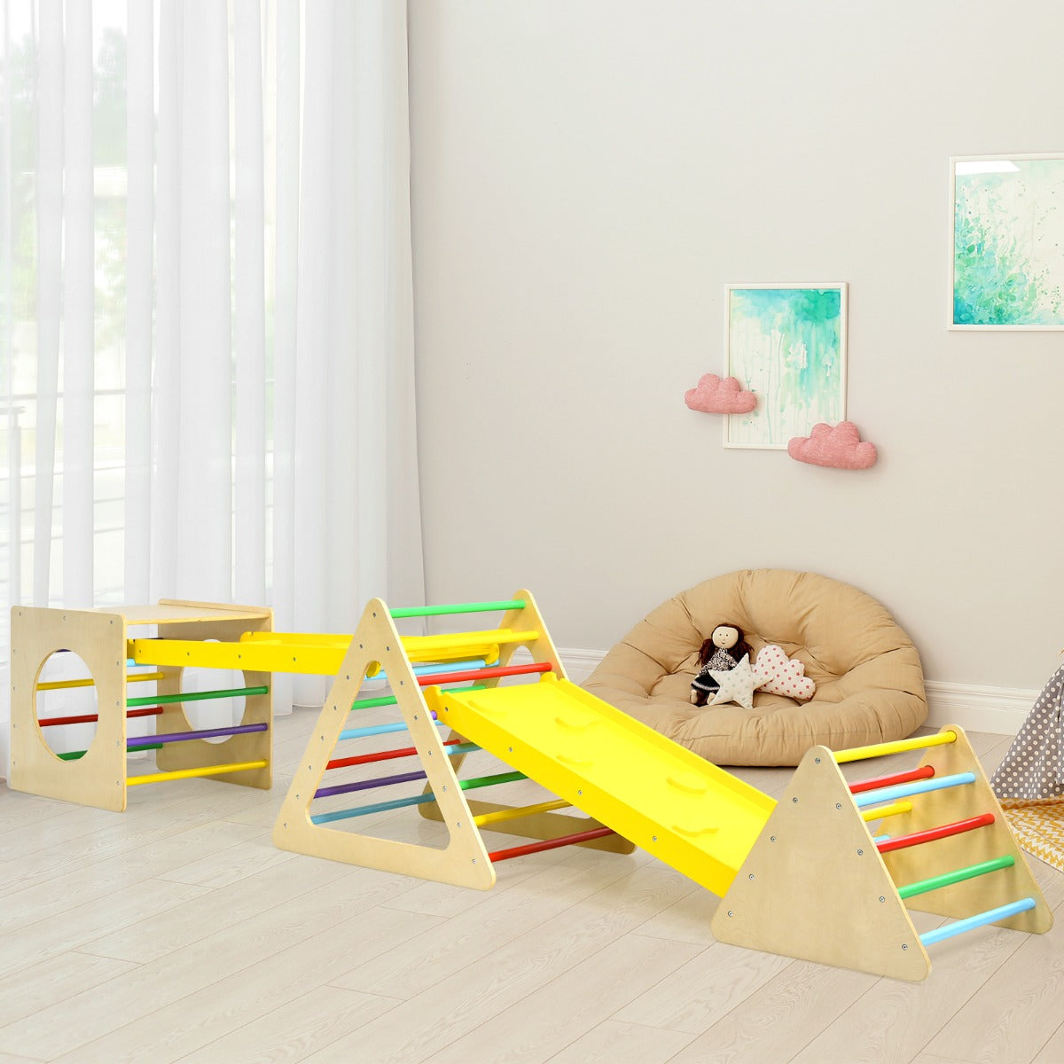 5 en 1 Juegos de Triángulo de Escalada y Cubo con Tablero de Tobogán Parque Infantil de Madera Natural