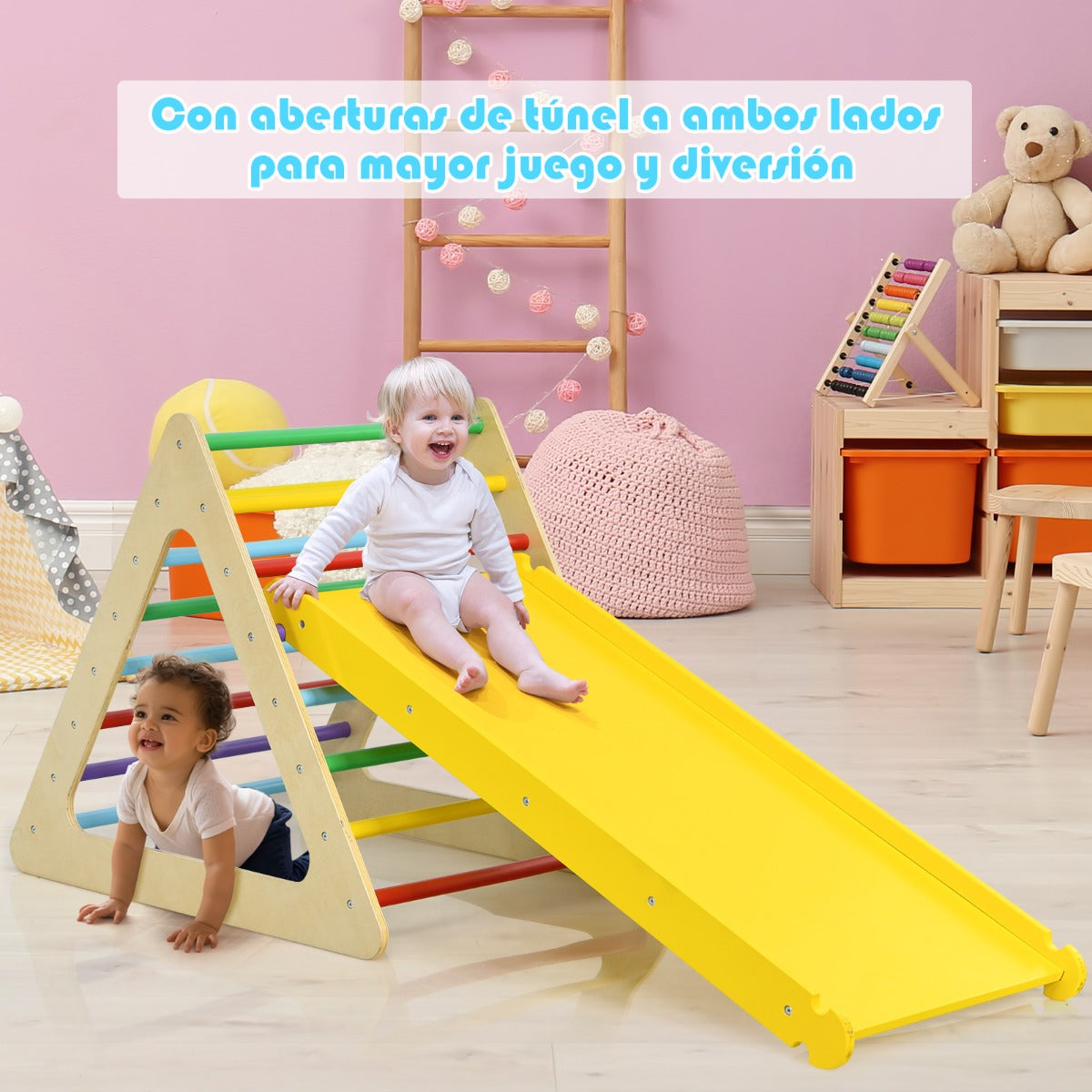 5 en 1 Juegos de Triángulo de Escalada y Cubo con Tablero de Tobogán Parque Infantil de Madera Natural
