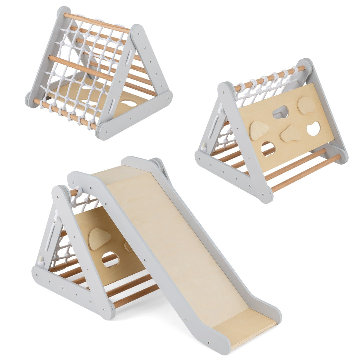 Juguete de Escalada para Niños 4 en 1 Escalador Triangular con Tablero Deslizante Red de Escalada Juego de Madera para Interior Gris