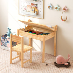 Juego de Mesa de Actividades Múltiples y Silla para Niños con Soporte para Almacenamiento Autónomo Rollo de Papel y Marcadores Natural
