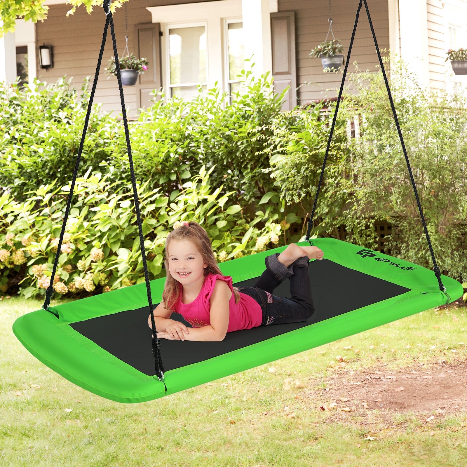 Set Columpio con Cuerdas Regulables para Niños Estructura en Acero Impermeable para Interior Exterior Pórtico Patio Verde 150 x 80 cm