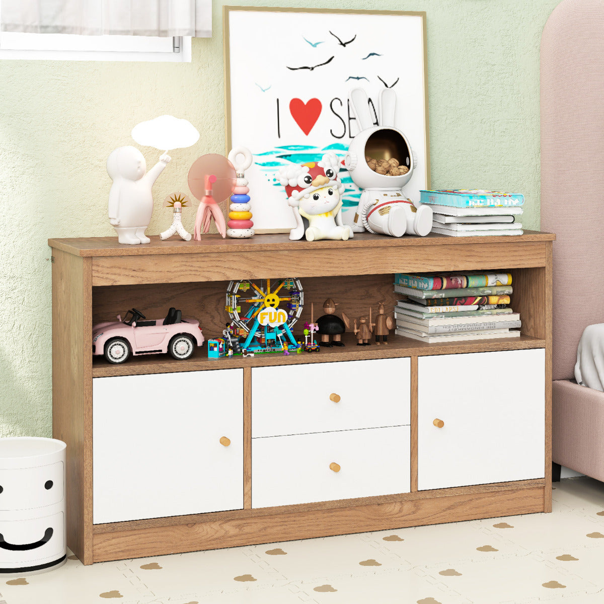 Organizador de Juguetes para Niños Librero Estante Abierto 2 Cajones 2 Puertas Mueble Multifuncional para Sala de Juegos Dormitorio Natural