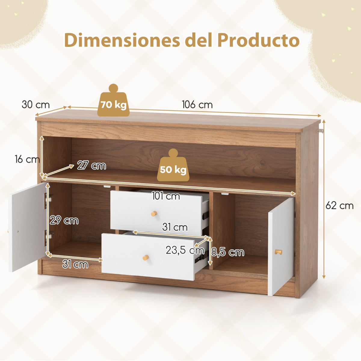 Organizador de Juguetes para Niños Librero Estante Abierto 2 Cajones 2 Puertas Mueble Multifuncional para Sala de Juegos Dormitorio Natural