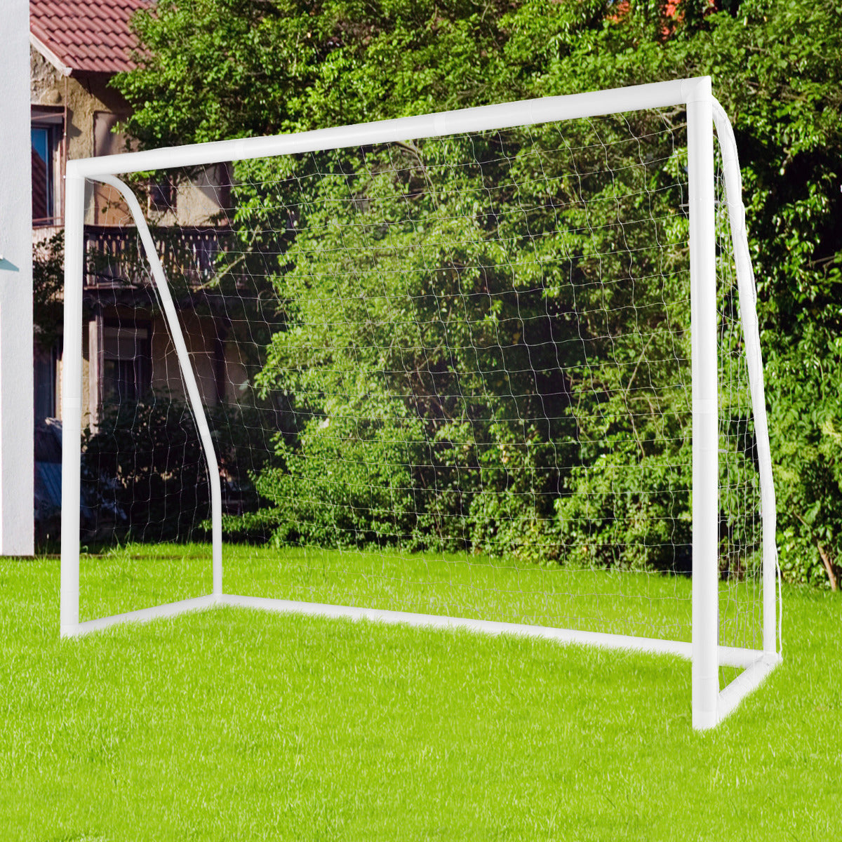 Portería de Fútbol de 245 x 182 cm para Jardín Red Resistente a la Intemperie y Marco de UPVC con Estacas Conos Montaje Rápido Blanco