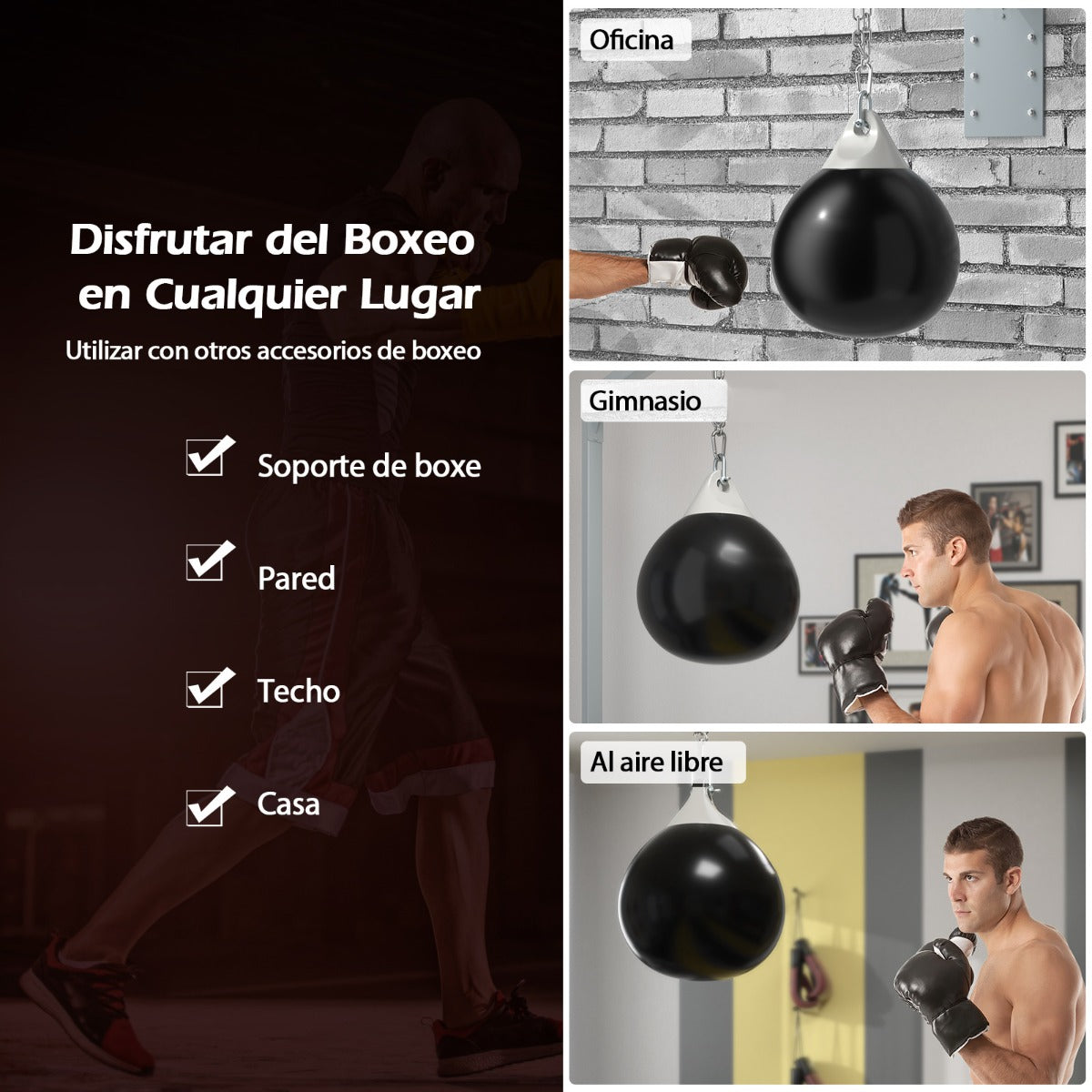 Saco de Boxeo con Agua Bolsa de Golpeo Pesada de 45 cm 50 kg con Cadena de Metal Ajustable Entrenamiento para Adultos y Niños Negro