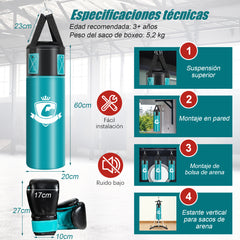 Set Saco de Boxeo Colgado 60 cm para Niños con Guantes de Boxeo Vendaje Bolsa para Entrenamientos de Karate Kickboxing Taekwondo Verde