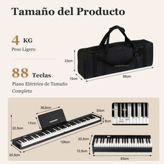 Teclado de Piano Eléctrico Plegable 88 Teclas Iluminadas Tamaño Completo Piano Digital Portátil MP3/USB/MIDI 126 x 30 x 22,5 cm Negro