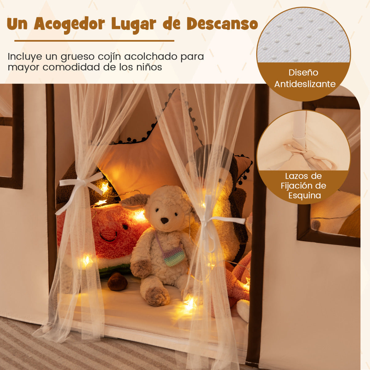 Tienda de Juegos para Niños Casa de Jueguete con Alfombra Antideslizante Acolchada Banderines Luces Cortinas Ventanas Tienda Interior Beige