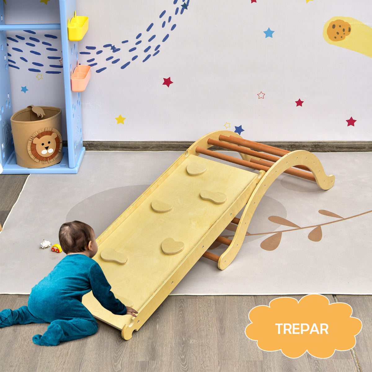 3 en 1 Set Escalera Plegable para Niños Arco Escalada Rampa Reversible para Escalar y Deslizar de Madera con Estera Carga 60 kg Natural