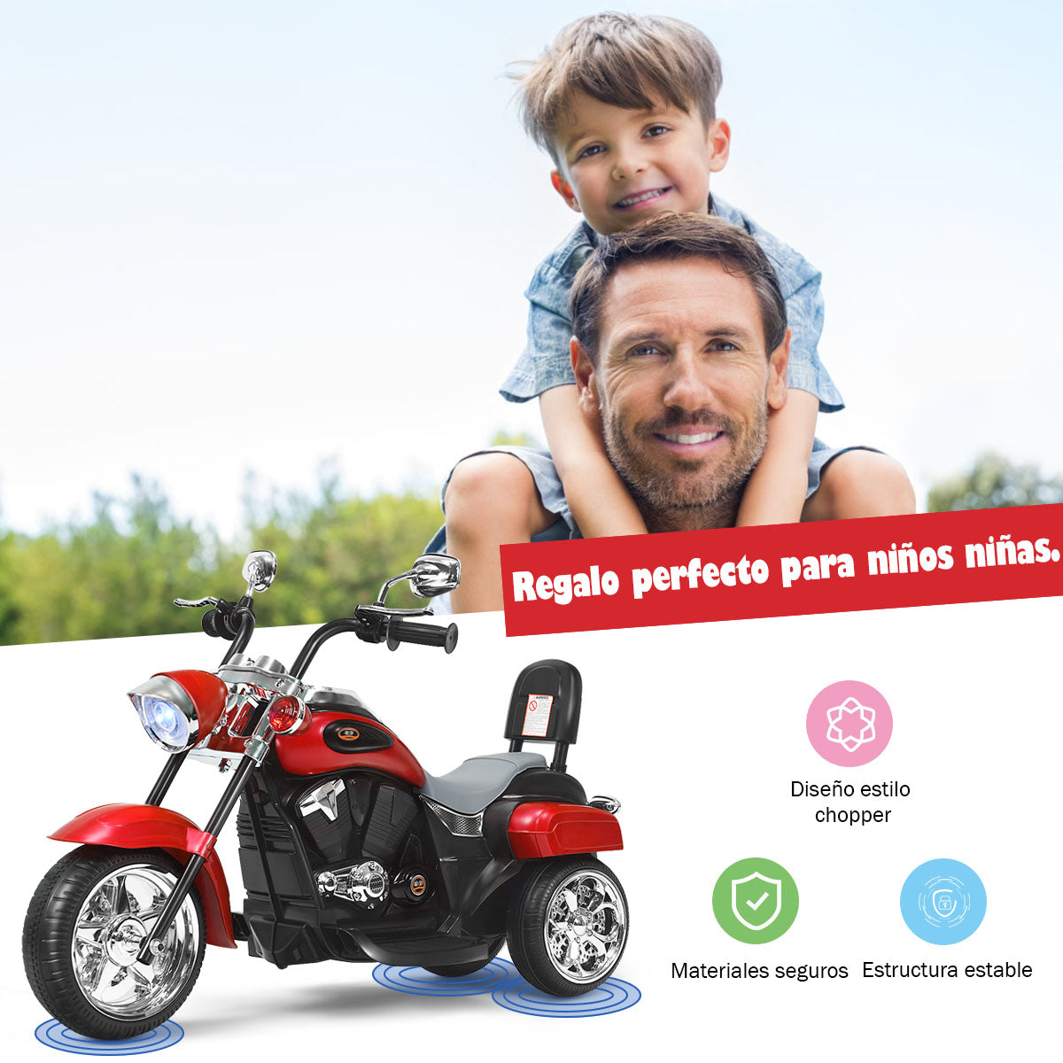 Moto en Estilo Chopper para Niños Moto Montable Alimentada a Batería con Marcha Adelante Conducción Realística Rojo